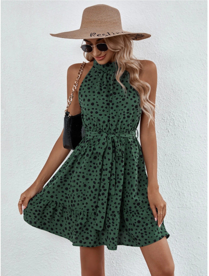 Women's Sleeveless Halter Dotted Lace Up Ruffle Dress