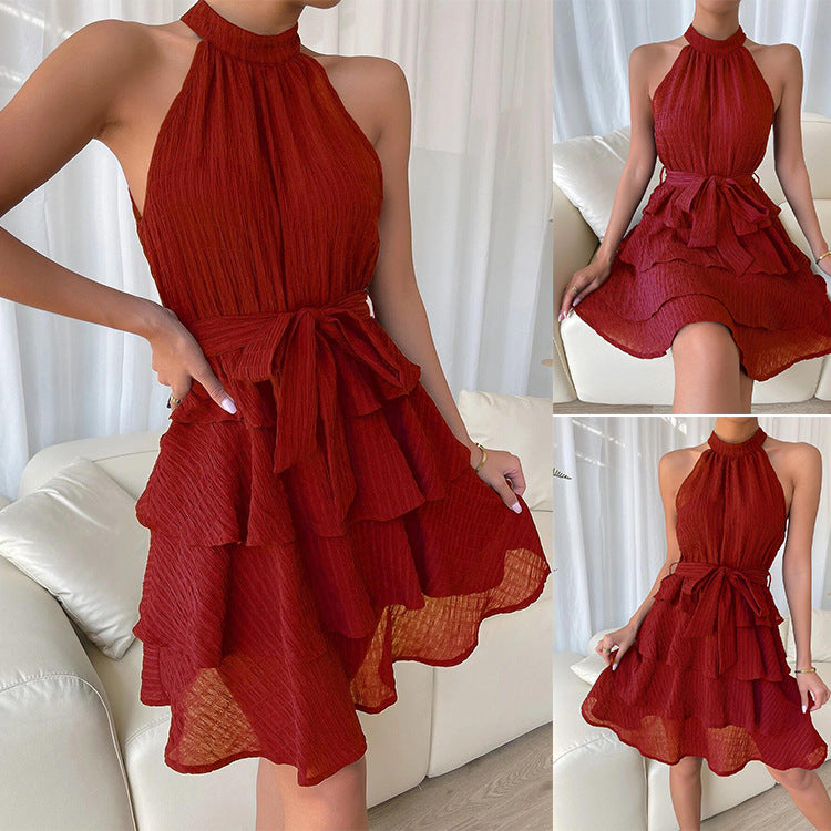 Solid Color Tiers Sleeveless Ruffled Dress