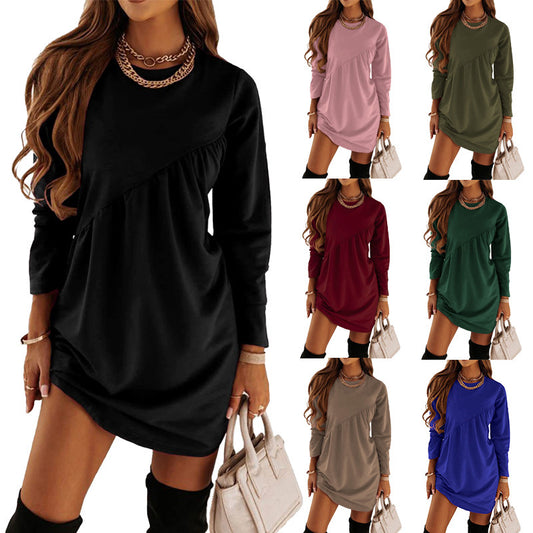 Chic Solid Color Ruched Long Sleeve Asymmetric Dress