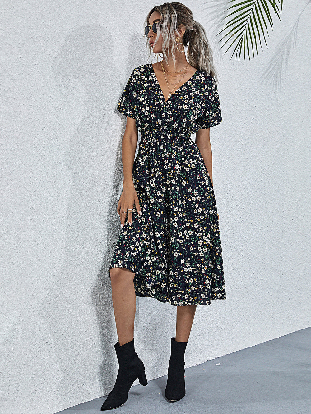 V-neck Print Flowers Short Sleeves Knee Length Summer Casual Dress