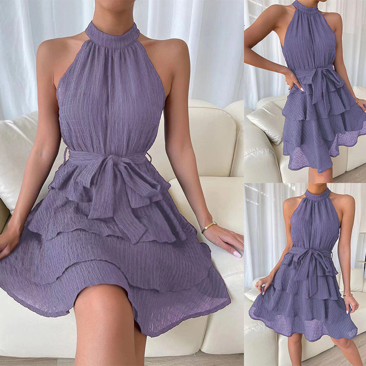 Solid Color Tiers Sleeveless Ruffled Dress