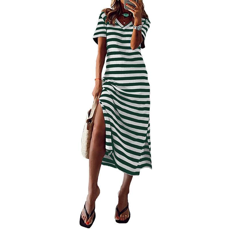 High Split Stripe Short Sleeve Slim Long Dress Women