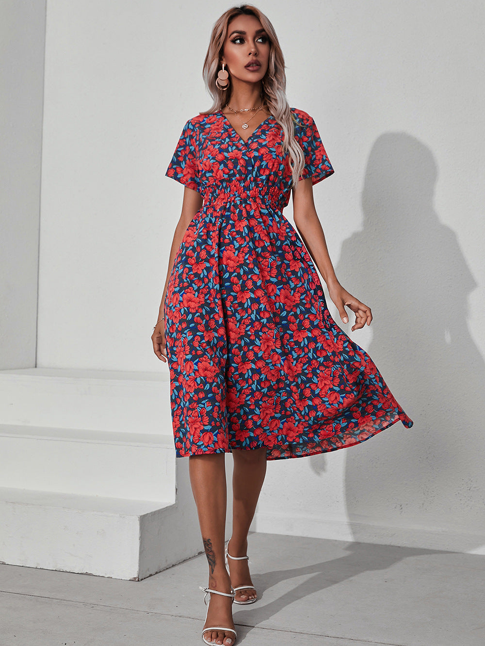 V-neck Print Flowers Short Sleeves Knee Length Summer Casual Dress