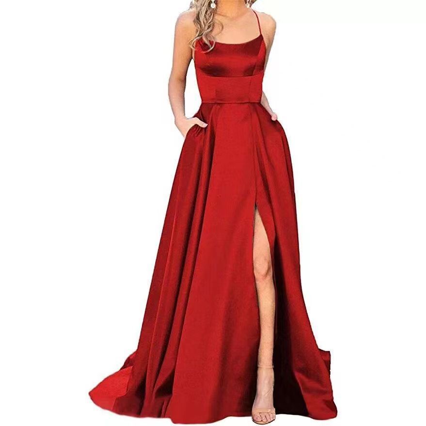 2023 Solid Color Halter High Split Bridesmaid Evening Formal Dress