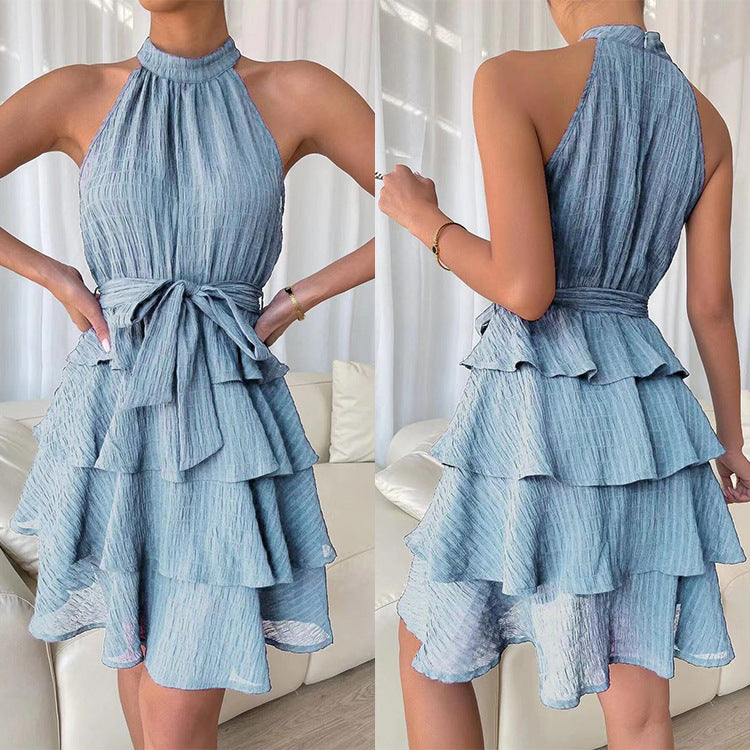 Solid Color Tiers Sleeveless Ruffled Dress