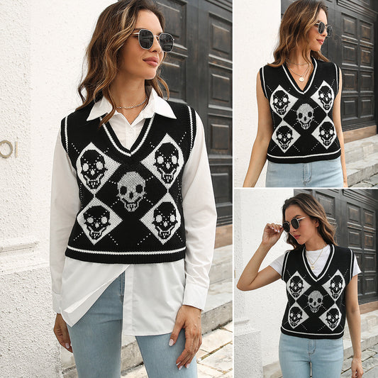 Spring Autumn Skull Jacquard Tank Top Sweater Women's Vest