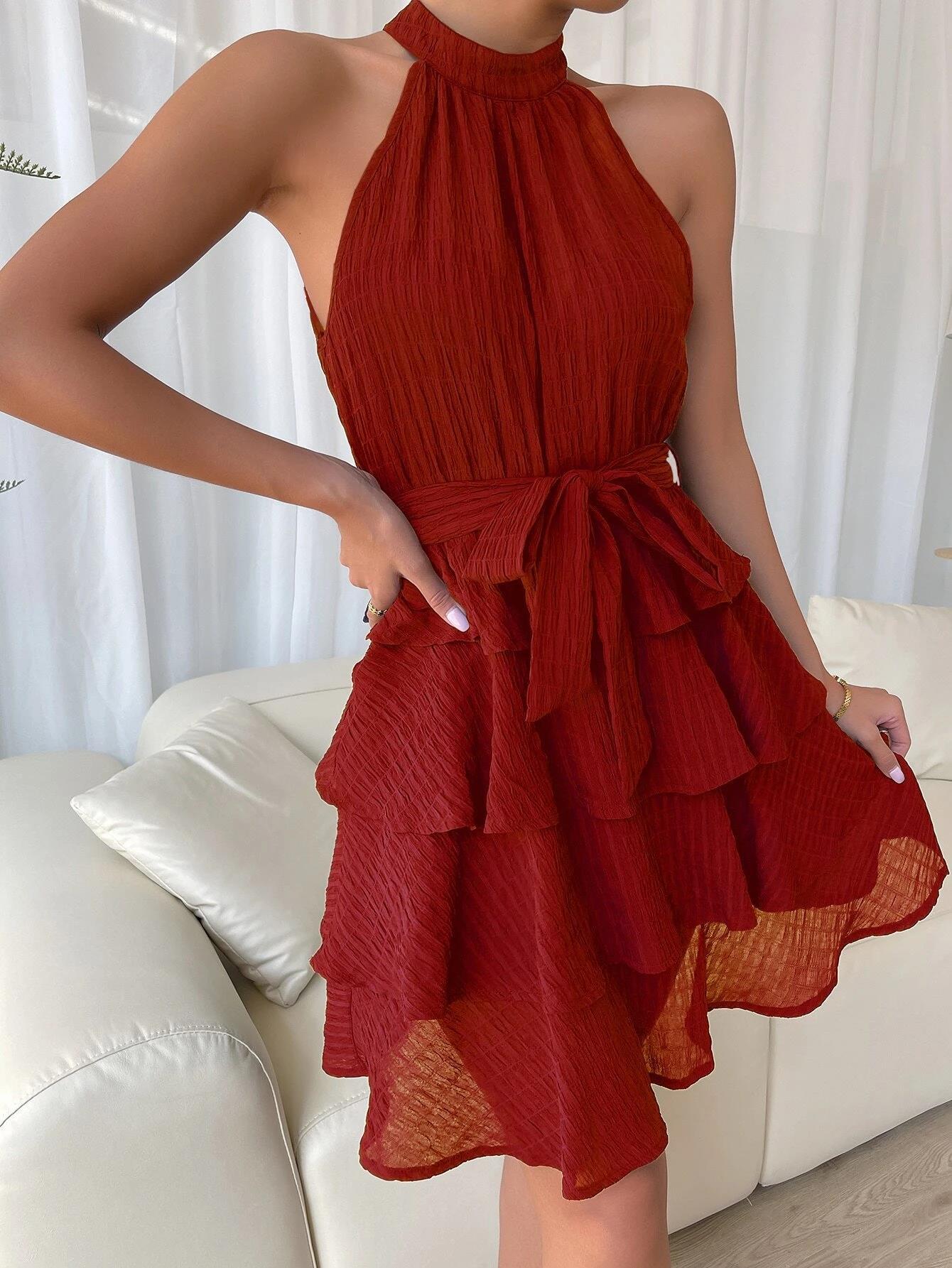 Solid Color Tiers Sleeveless Ruffled Dress