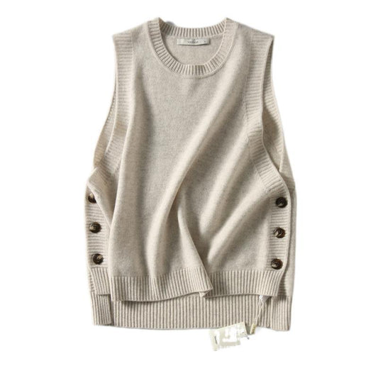 Round Neck Pullover Button Wool Knitted Loose Vest