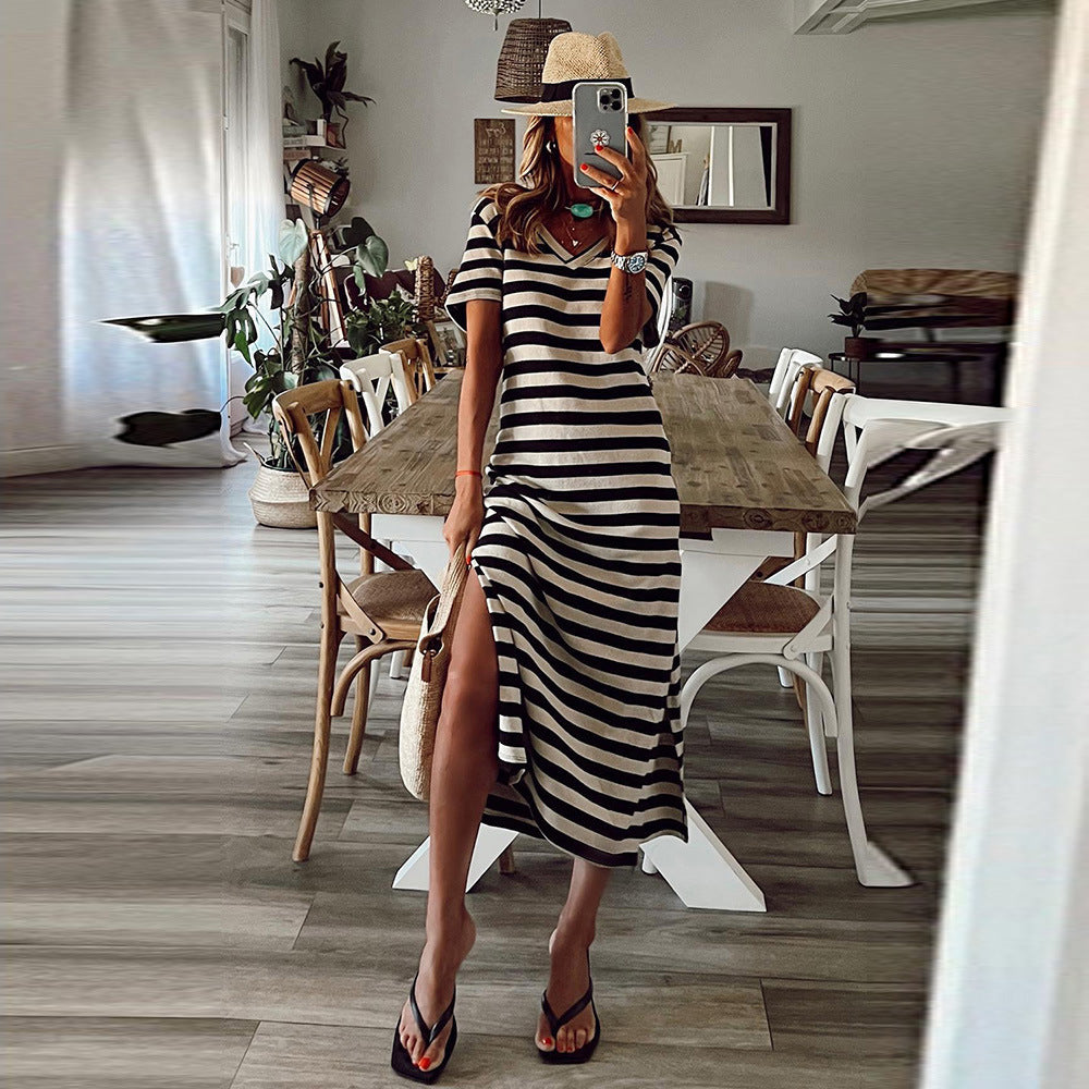 High Split Stripe Short Sleeve Slim Long Dress Women