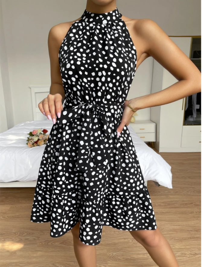 Women's Sleeveless Halter Dotted Lace Up Ruffle Dress