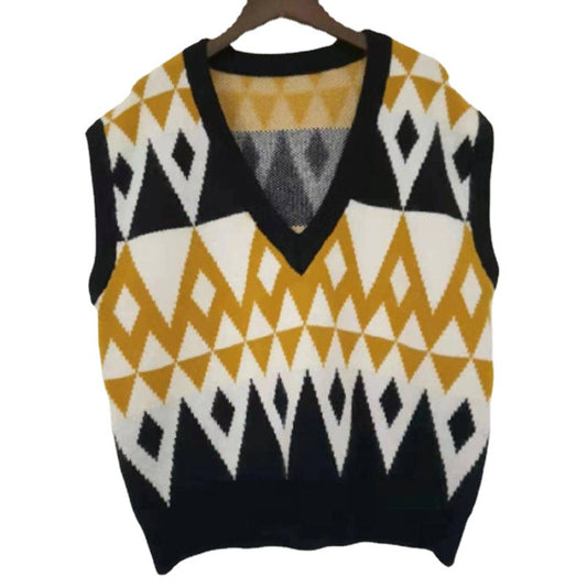 V-neck Contrast Colors Argyle Knitted Sweater Vest Woman