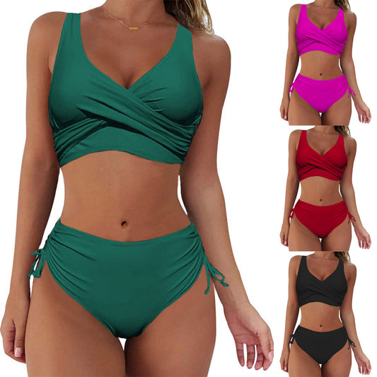 Solid Color Cross Strap High Waist Swimwear Split Bikini