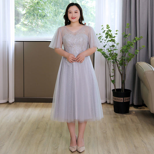 Large Size Embroidery Gray Bridesmaid Dress