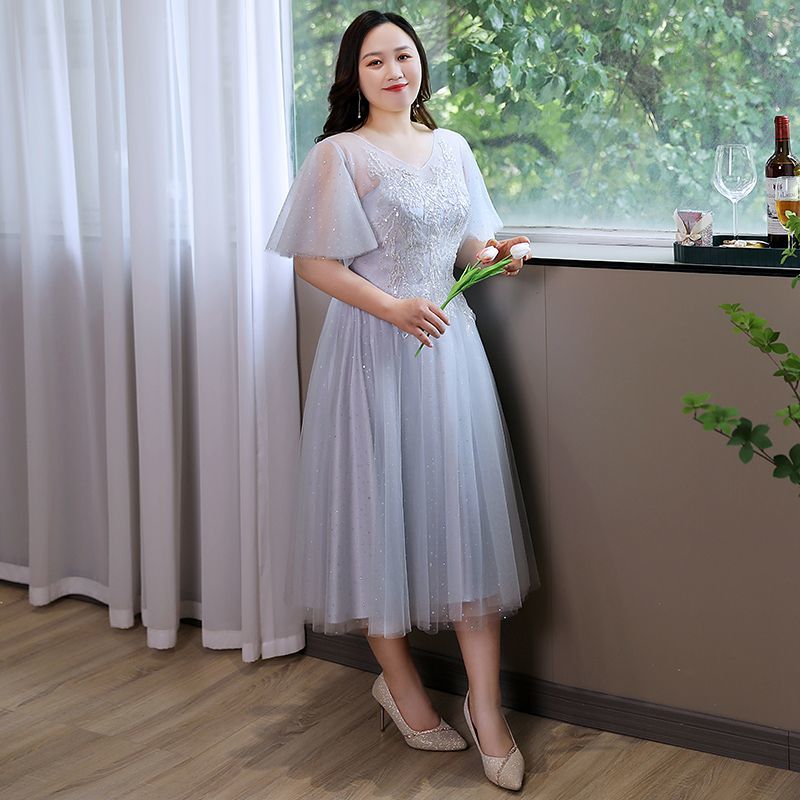 Large Size Embroidery Gray Bridesmaid Dress