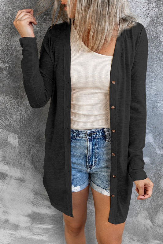 Solid Color Open-Front Buttons Cardigan