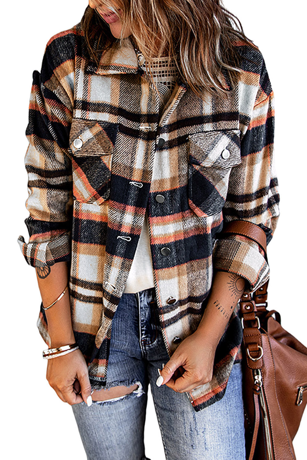 Geometric Plaid Print Pocketed Shirt