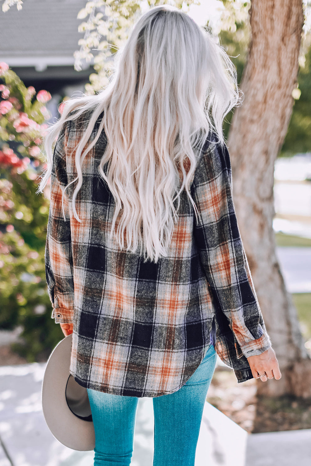 Oversize Rounded Hem Plaid Shirt with Slits